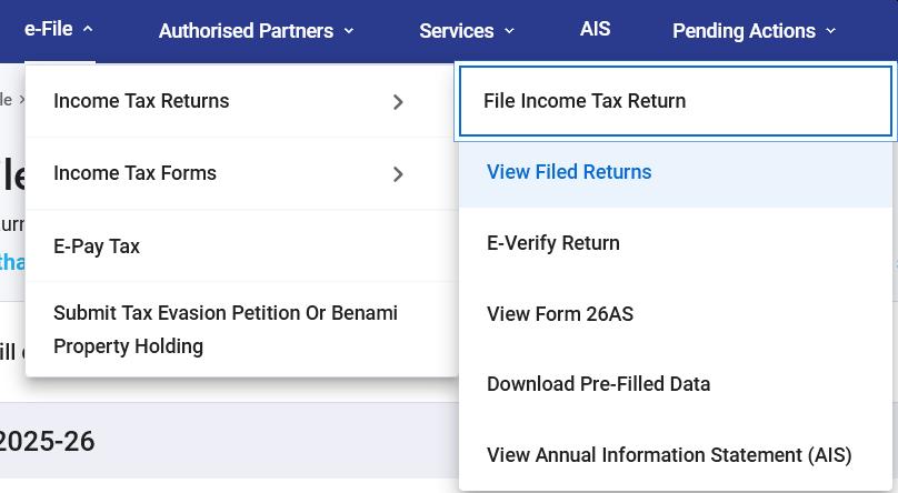 e-File > Income Tax Returns > View Filed Returns screenshot