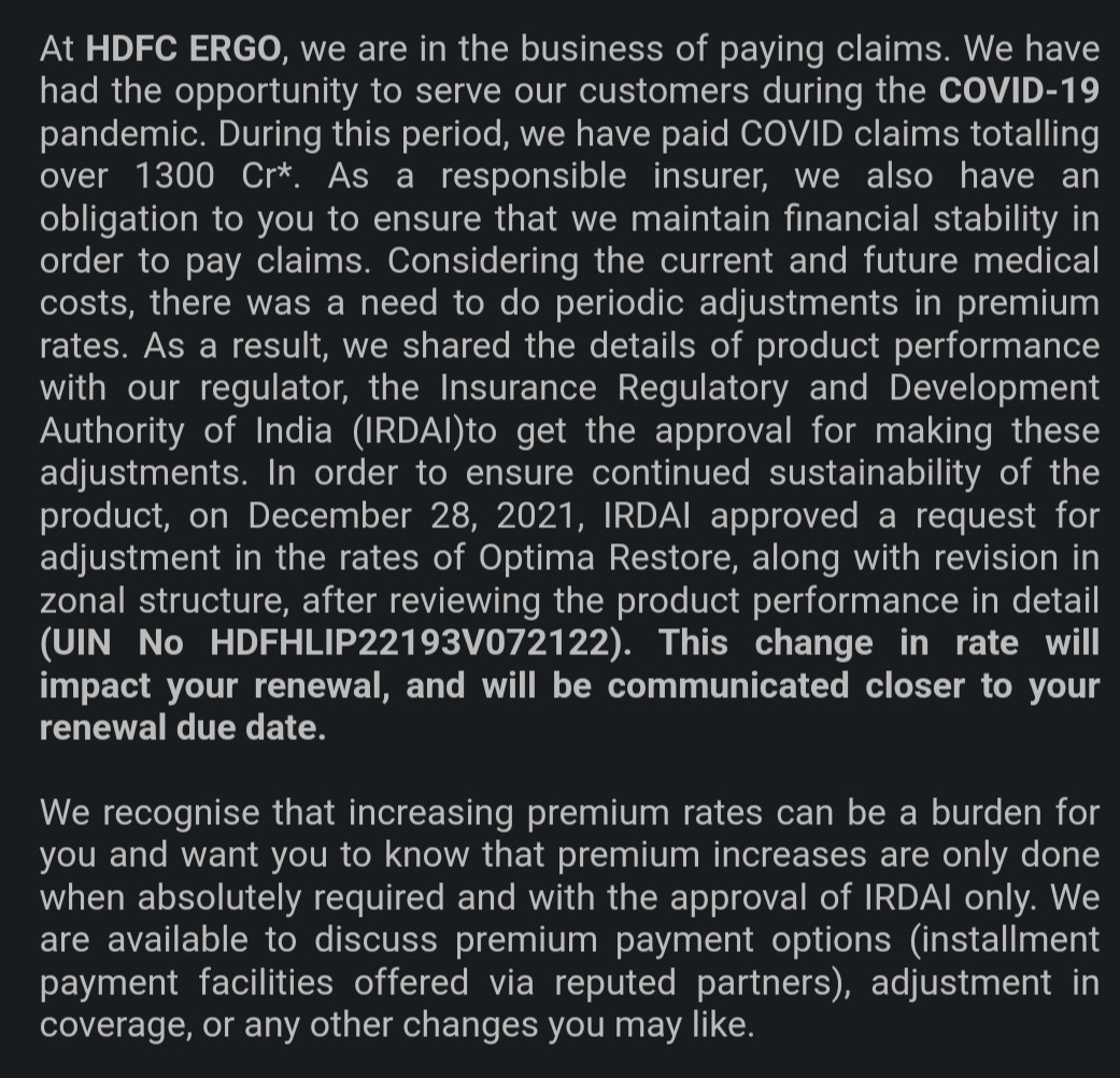 HDFC Ergo Premium Increase