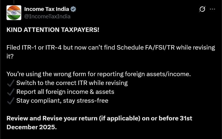 Myth: Filed ITR1 Or ITR4 so Schedule FA Is Not Applicable