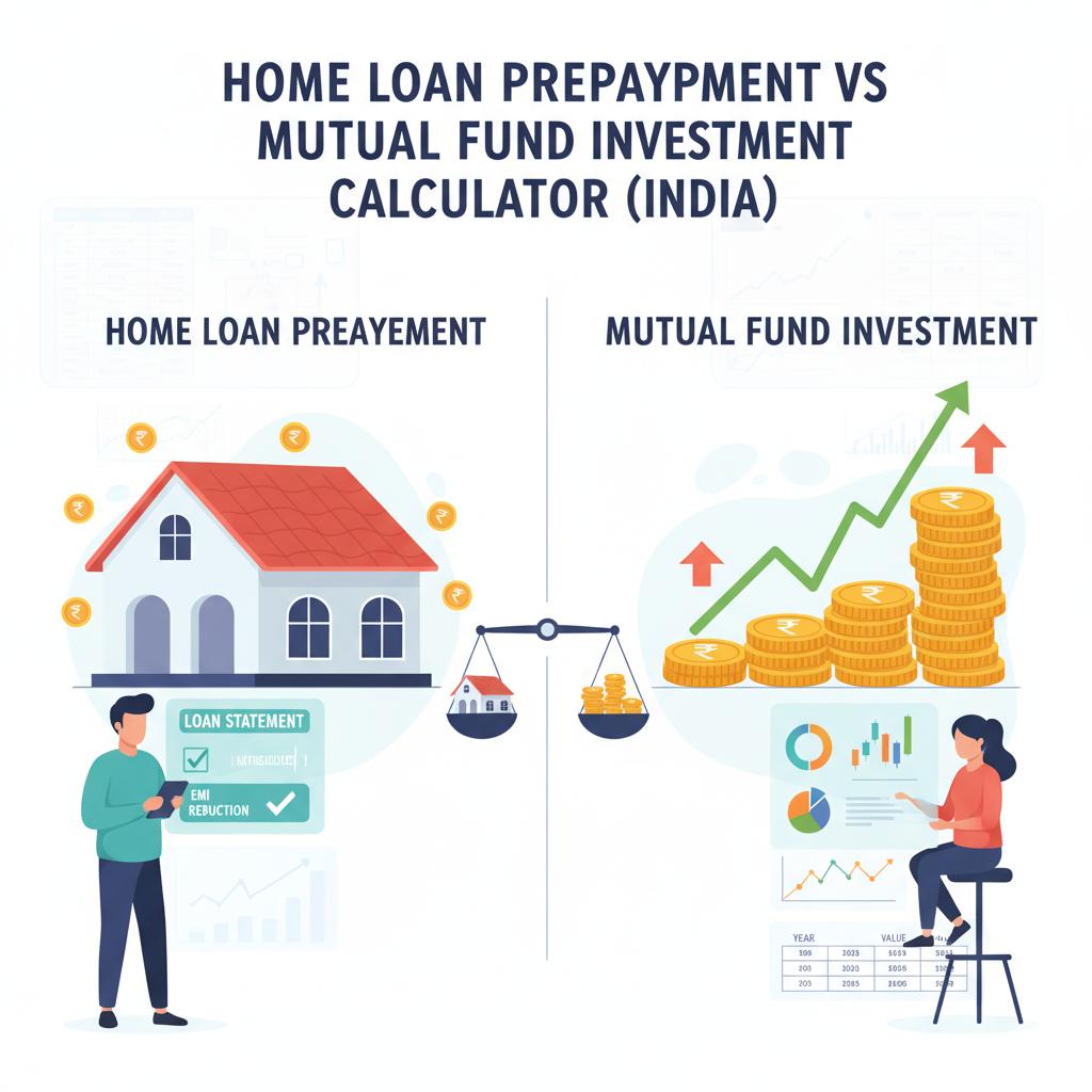 Use this free online calculator to compare the benefits of prepaying your home loan versus investing the same amount in mutual funds. Find out which strategy helps you achieve better long-term financial outcomes based on your loan rate, investment returns, and time horizon.