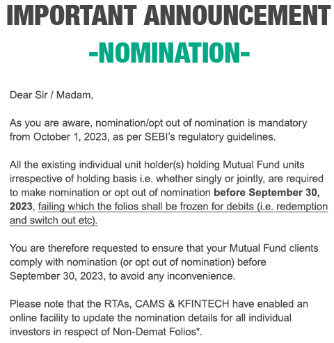Mutual Fund Nomination Deadline 1st Oct 2023