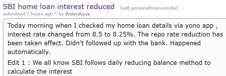 Reddit Thread SBI Reducing Home Loan