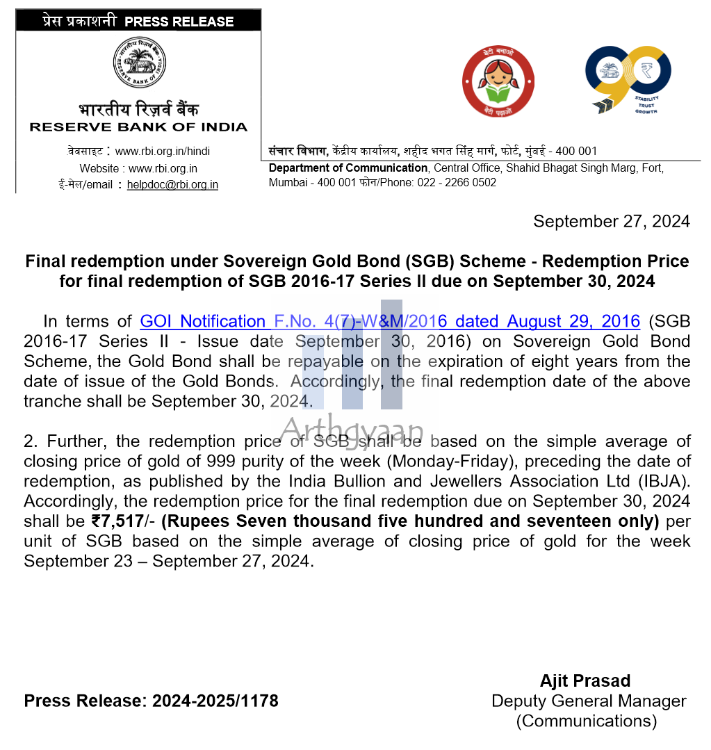 SGB 2016-17 Series II SGBSEP24 Maturity Press Release