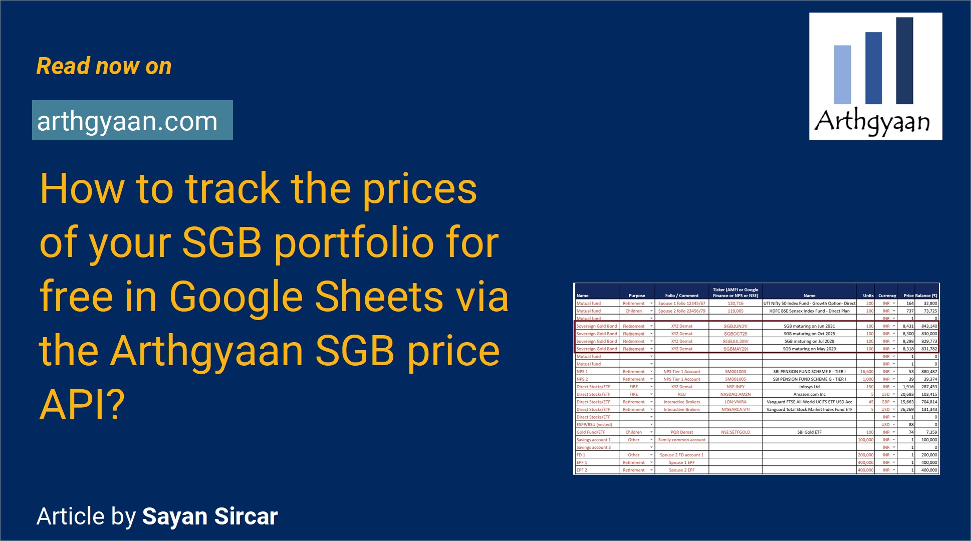 How to track the prices of your SGB portfolio for free in Google Sheets via the Arthgyaan SGB price API?