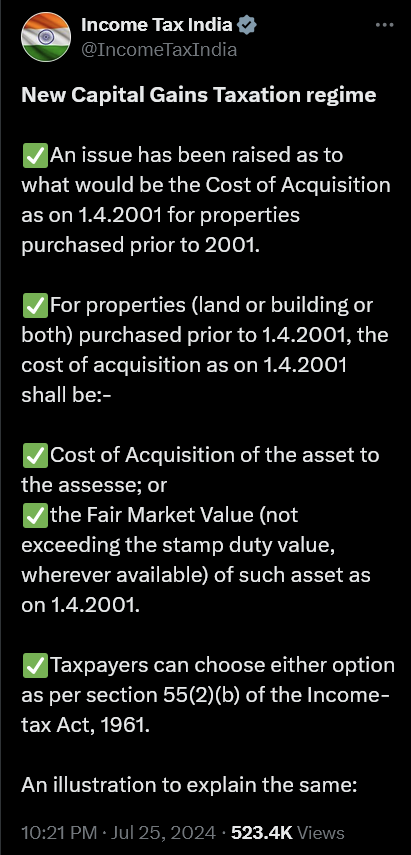 Official Tweet on New Capital Gains Taxation Regime For Real Estate Purchased Before 2001